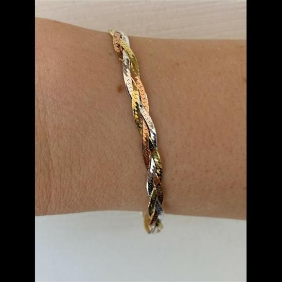 Solid 925 Silver Tri Color Yellow Rose Gold Twisted Braided Herringbone Bracelet - Picture 2 of 9